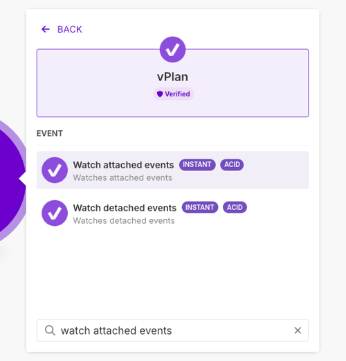 Search for the vPlan watch attached events trigger in Make