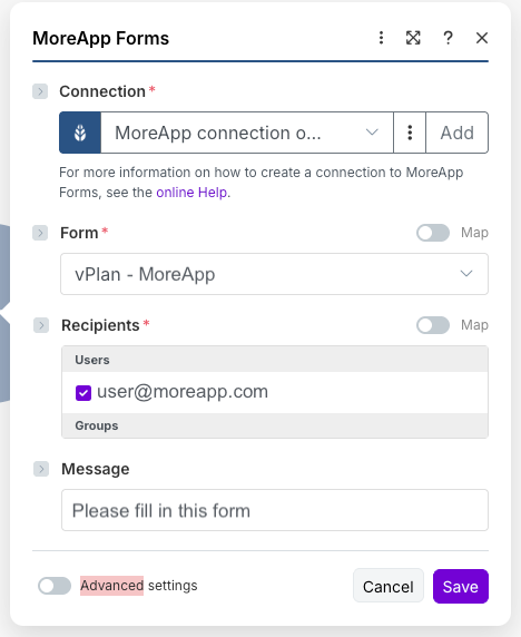 MoreApp Forms create task in Make