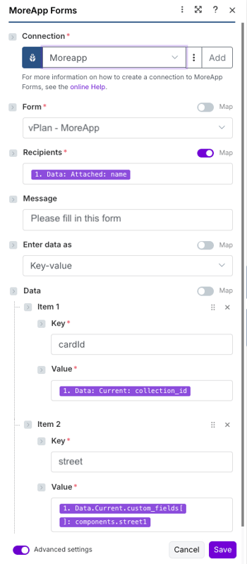 Map vPlan fields with a MoreApp form via Make