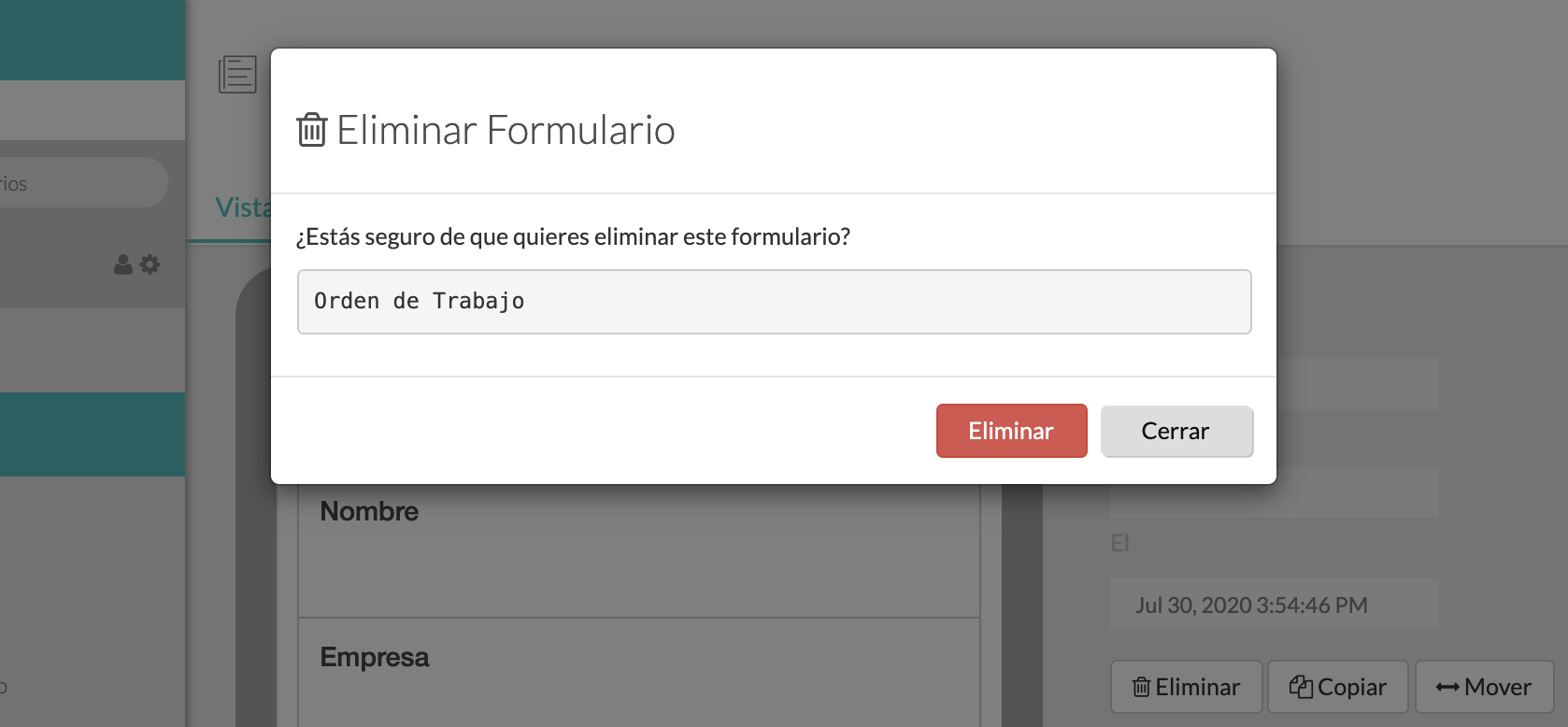 Eliminar Formulario MoreApp