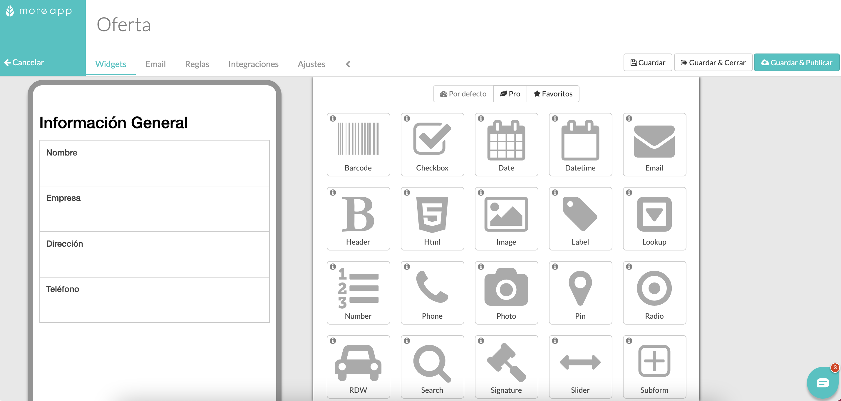 Widgets Formulario Oferta MoreApp
