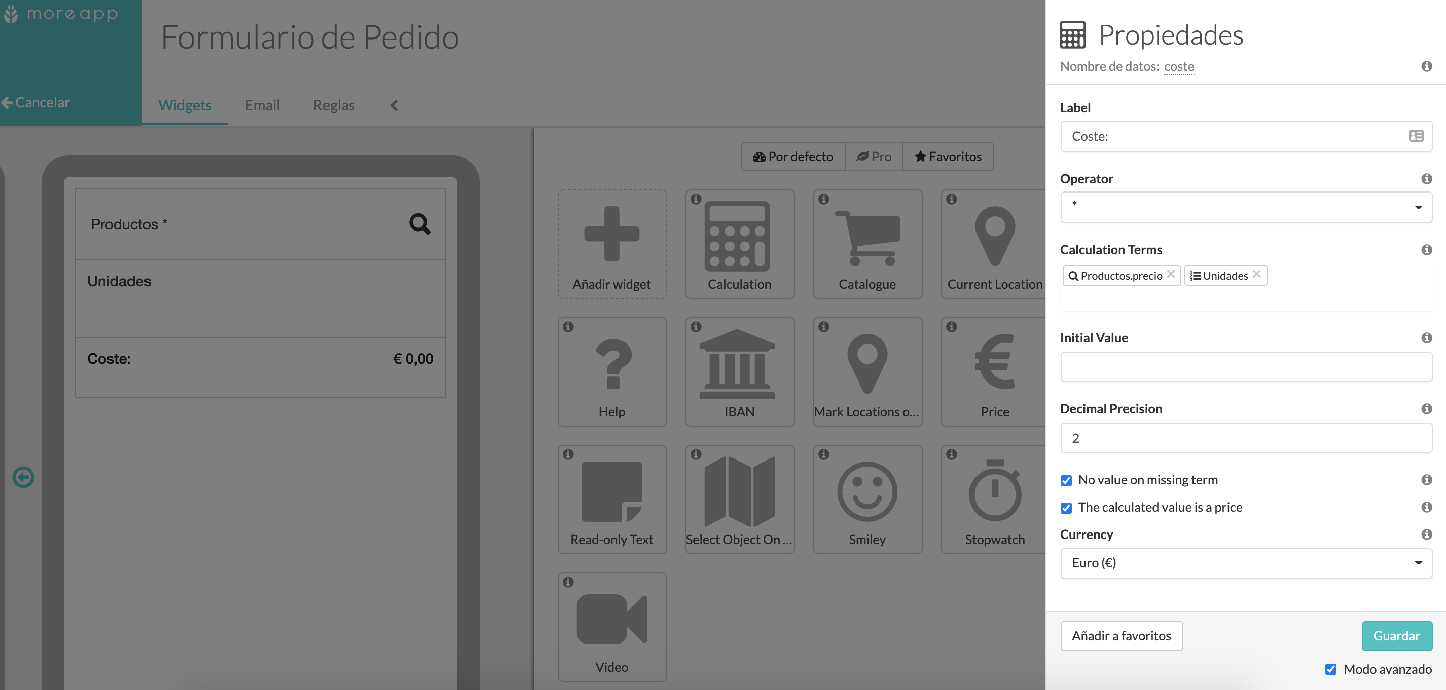 Widget Calculo Formulario de Pedido MoreApp