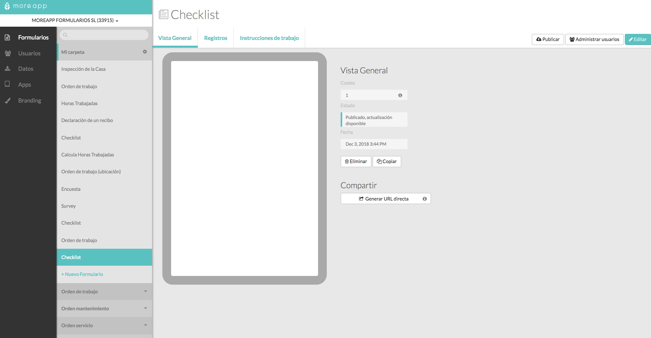 Checklist Plataforma MoreApp